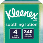 Kleenex Soothing Lotion Tissues 4 pack cube boxes front view showing aloe and coconut oil infusion.