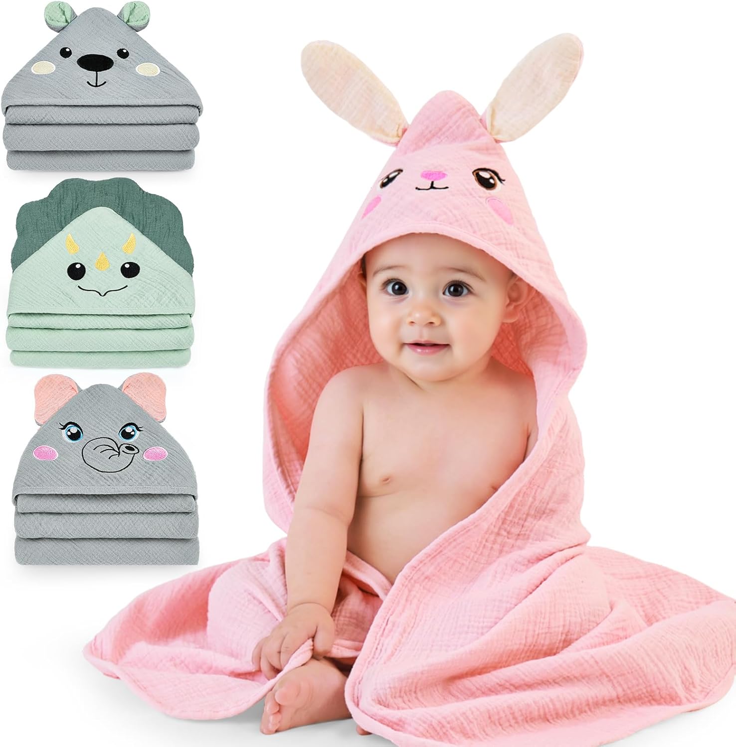 Fiobee hooded baby towel front view pink bunny design