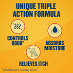 Gold Bond triple action body powder 10 Ounce packaging designed for sweat protection