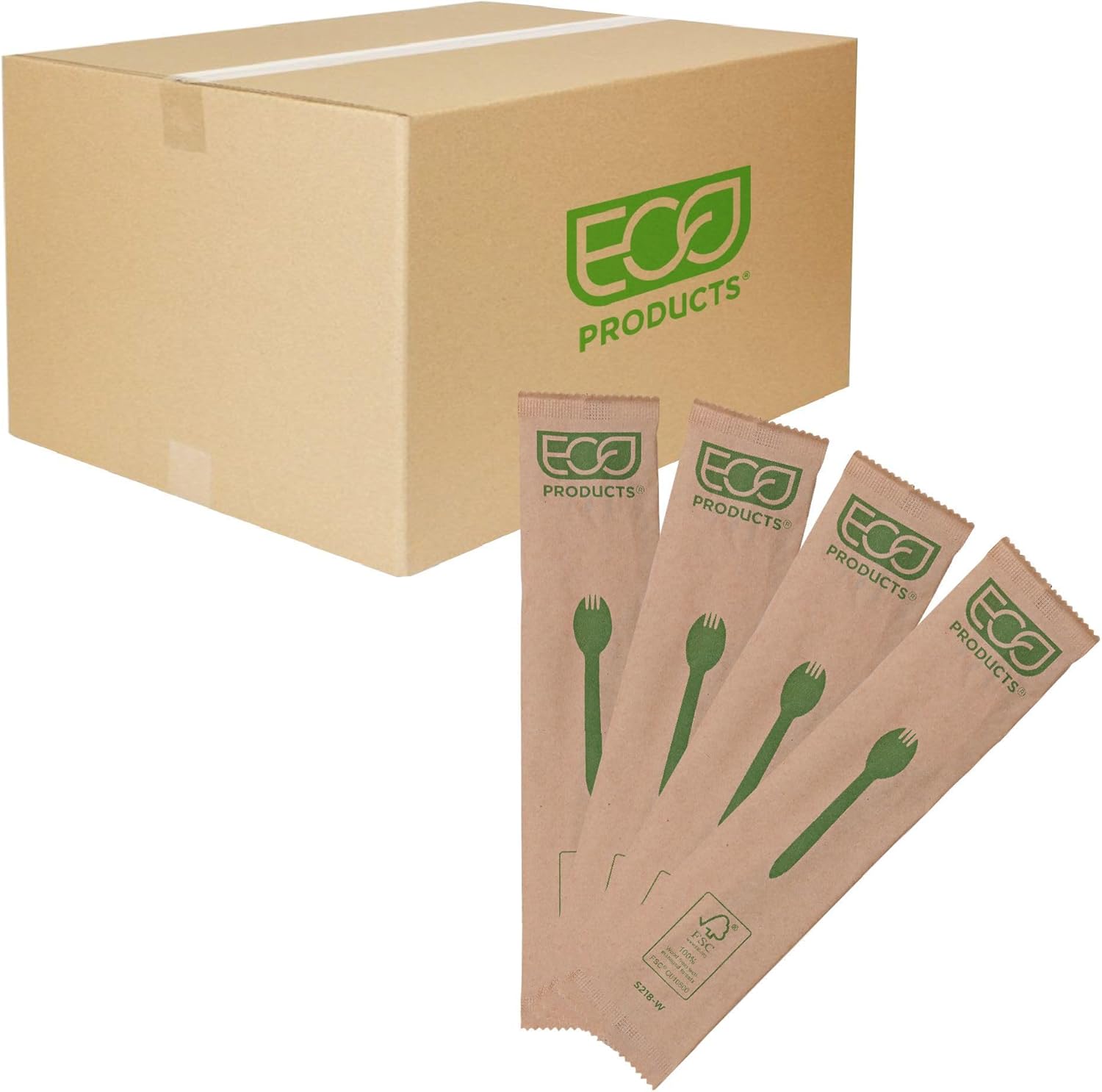 Eco-Products renewable wooden spork front view displaying the ergonomic ridged handle design.