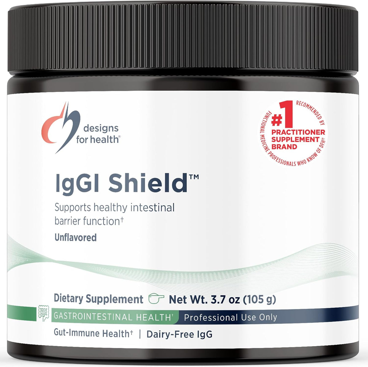 Designs For Health IgGI Shield Powder front view bottle for dairy-free gut health