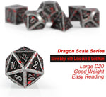 DNDND 7 piece metal dice set showing close up detail