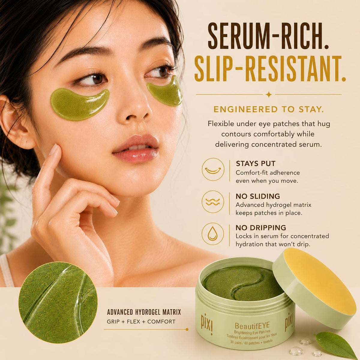 Back label of Pixi hydrogel patches showing the full ingredients list and instructions.