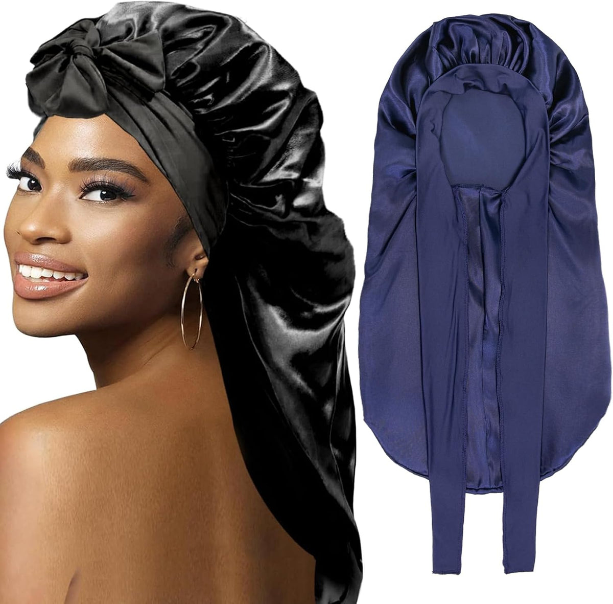 2Pcs Bonnets for Black Women Braid Bonnet, Large Long Satin Bonnet for Braids, Silk Bonnet with Stretchy Tie Band Sleep Cap Hair (2Pcs-Black&Blue) - Image 14