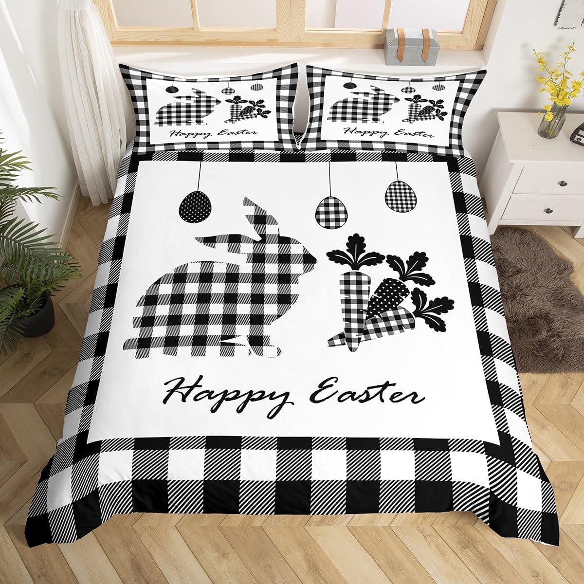 Homewish Happy Easter Duvet Cover Set King Size front view showing cartoon rabbit design on a black and white plaid background