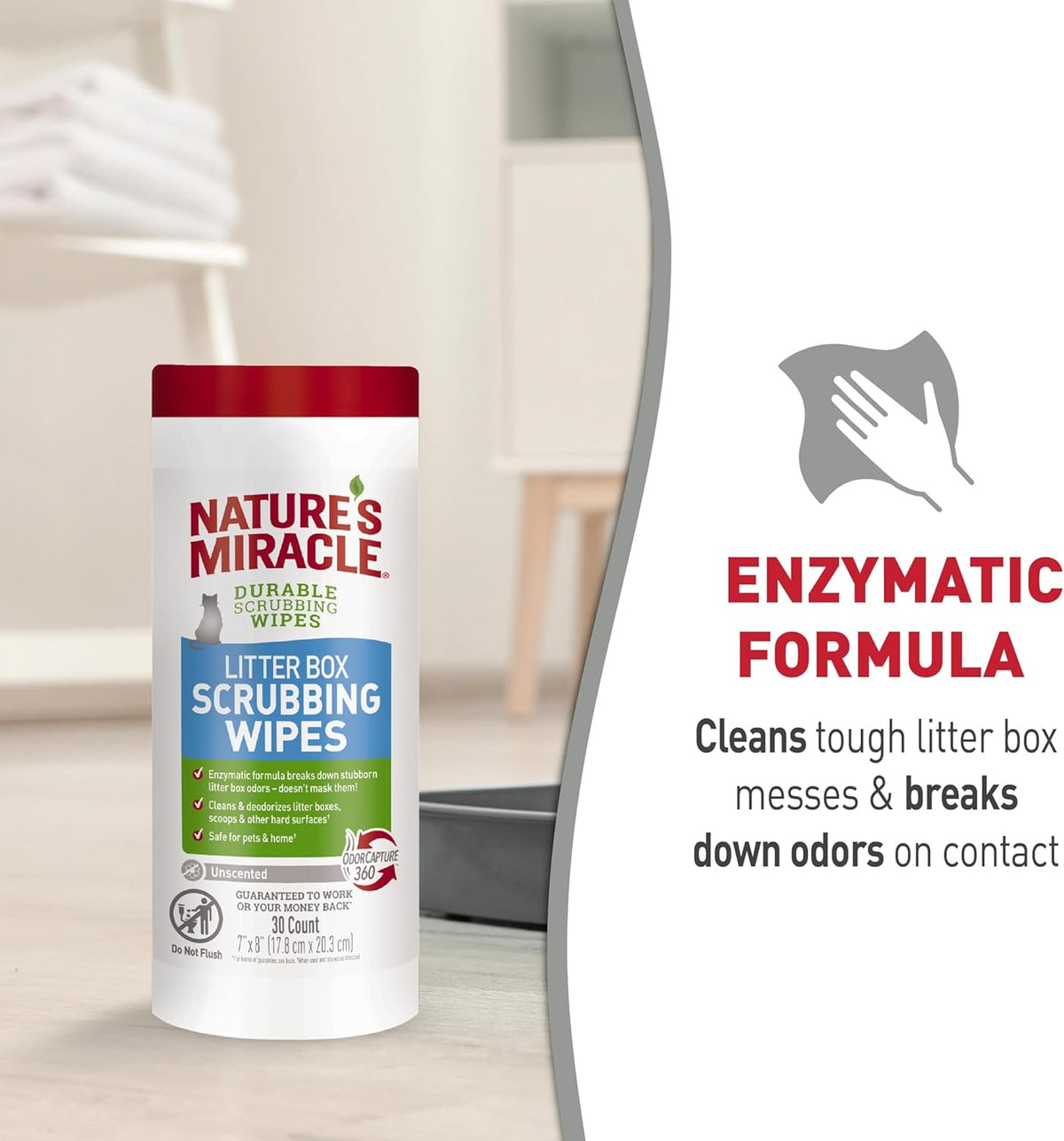 Nature's Miracle litter box cleaning wipes safely formulated for homes with cats and kittens.