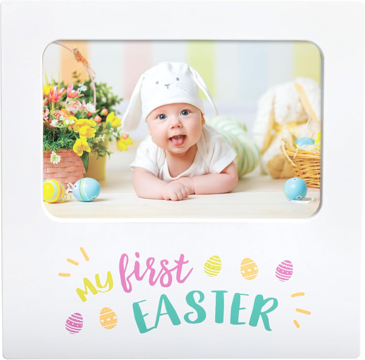 Kate and Milo My First Easter Picture Frame front view showing pastel egg decorations