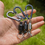 Inf-way carabiner keychain hanging on backpack
