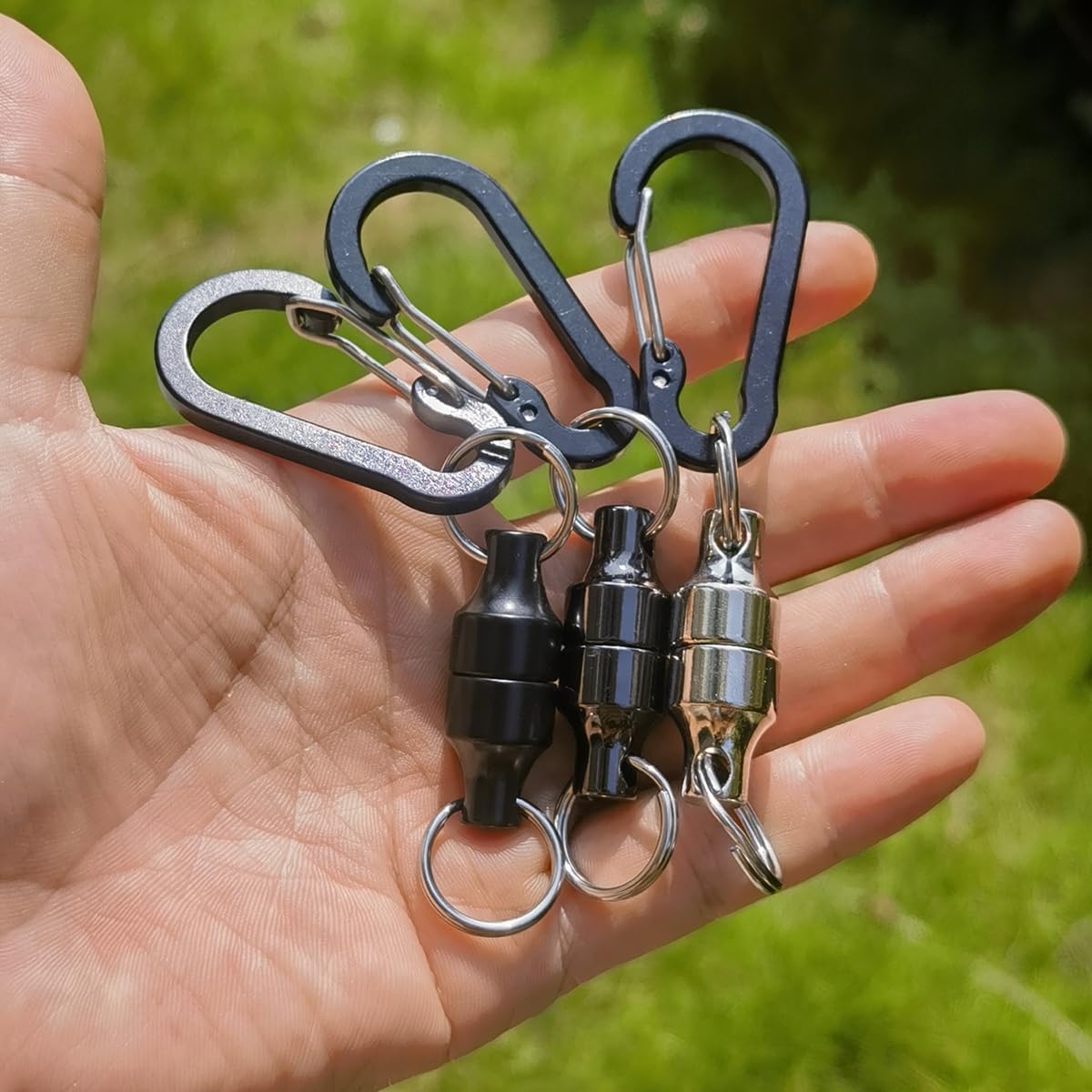 Inf-way carabiner keychain hanging on backpack