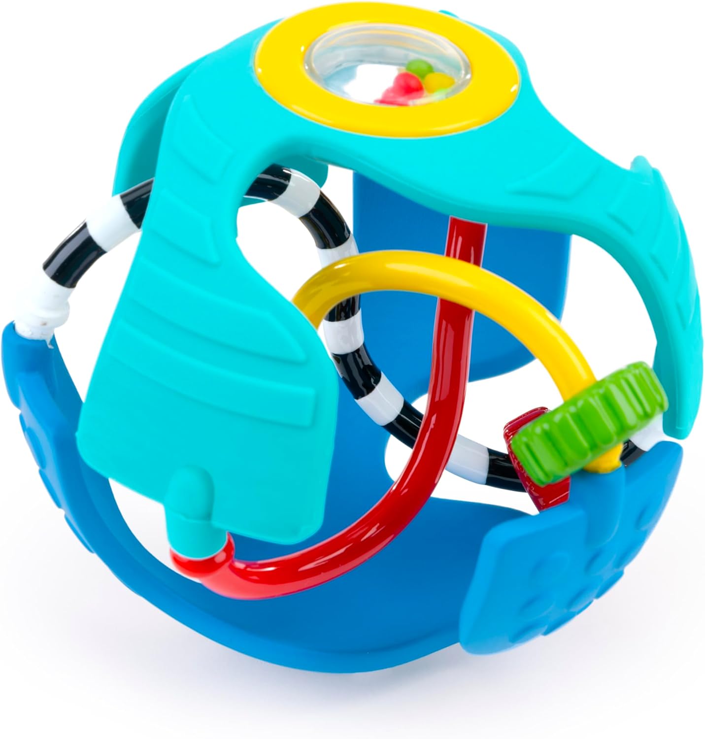 Baby Einstein Rattle and Sense Sensory Ball front view showing teal and yellow plastic loops and clear rattle window.