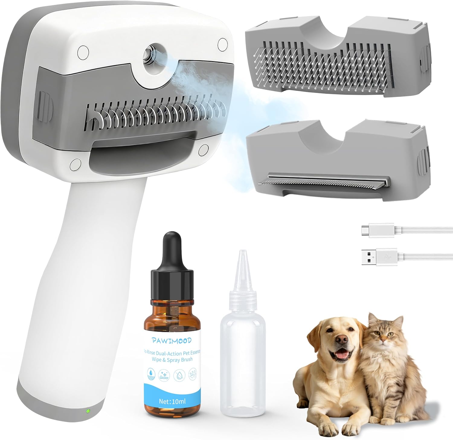 Pawimood 5 in 1 Pet Steam Brush front view showing the sleek rechargeable handle and ergonomic design for pet grooming.