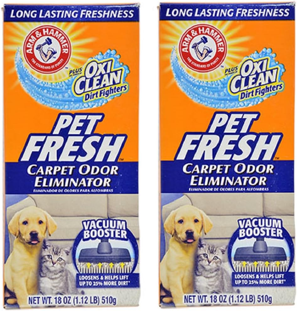 Arm and Hammer Pet Fresh Carpet Odor Eliminator front view of two 18 ounce boxes.