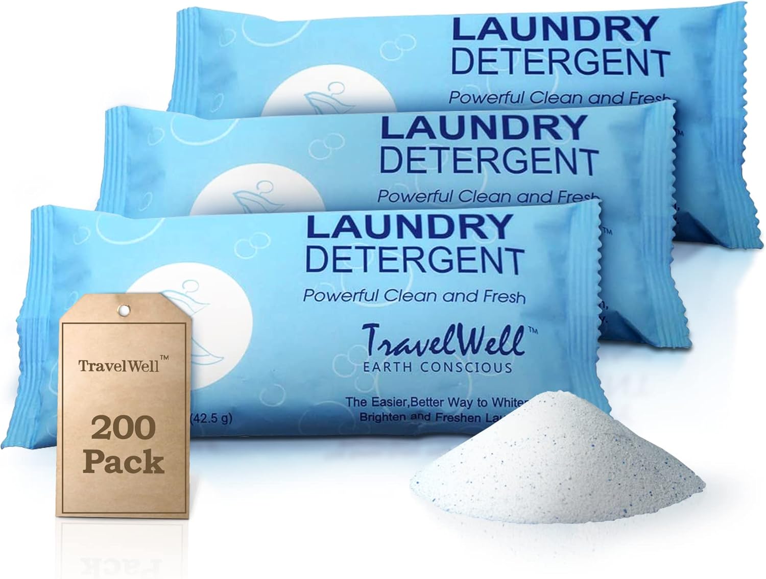 Travelwell Laundry Detergent Powder - Individually Wrapped Bulk Travel Laundry Detergent Packs - Hospitality Cleaning Supplies - Pack of 200, 1.5 oz - Image 1