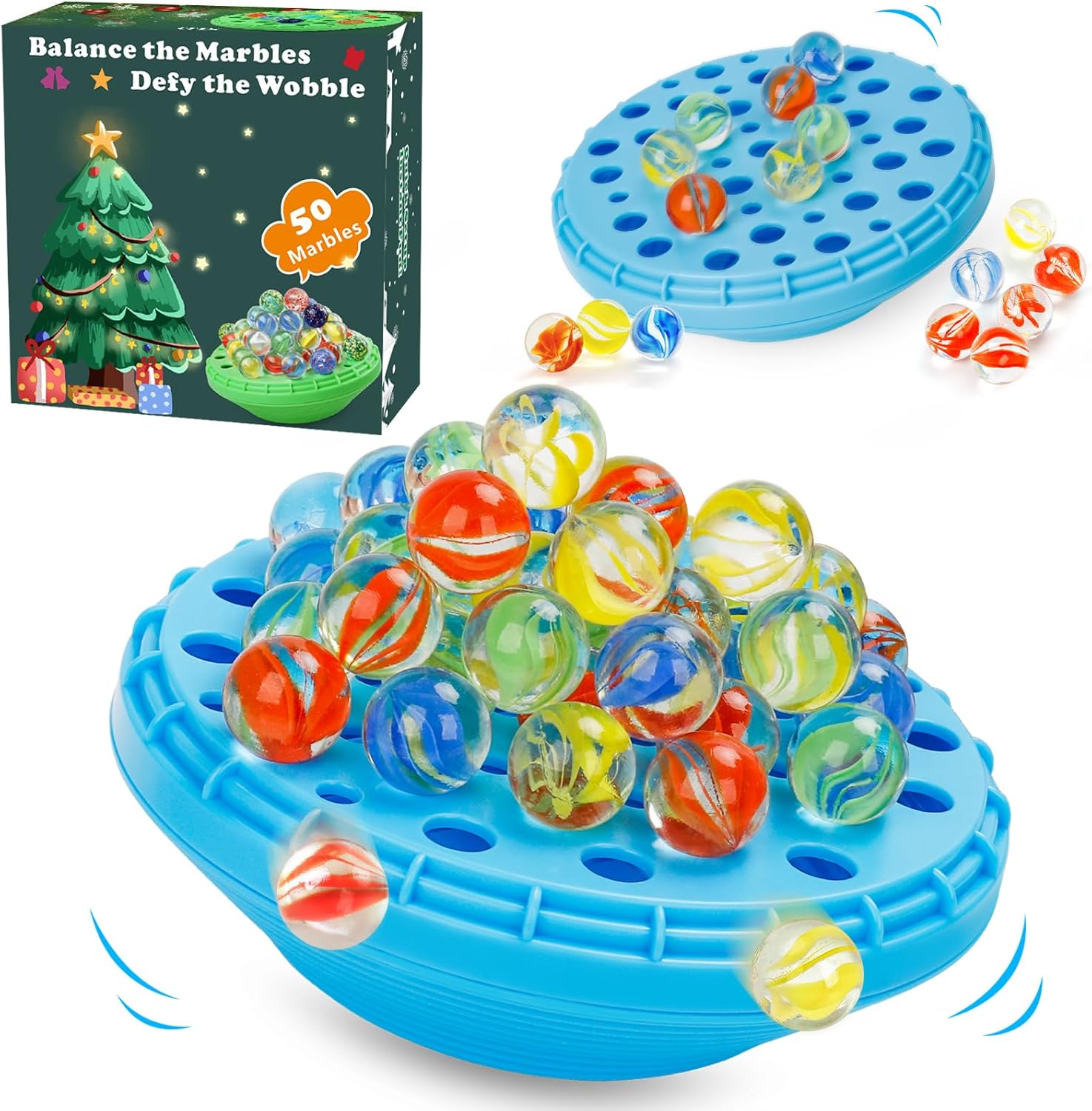 YUOIOYU Marble Balance Game front view showcasing the blue wobbly platform and fifty colorful glass marbles.