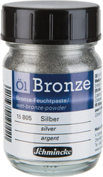 Schmincke oil bronze silver front view of 50 milliliter glass jar