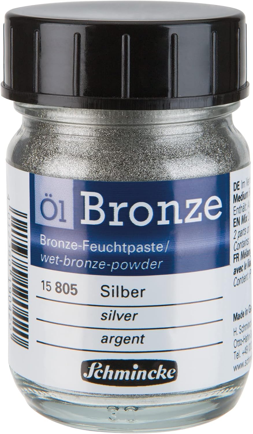Schmincke oil bronze silver front view of 50 milliliter glass jar