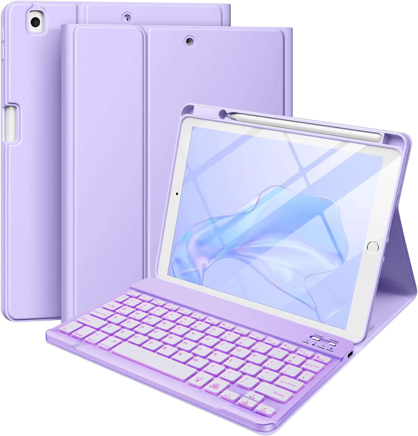 Hamile purple backlit keyboard case for iPad front view open in laptop setup