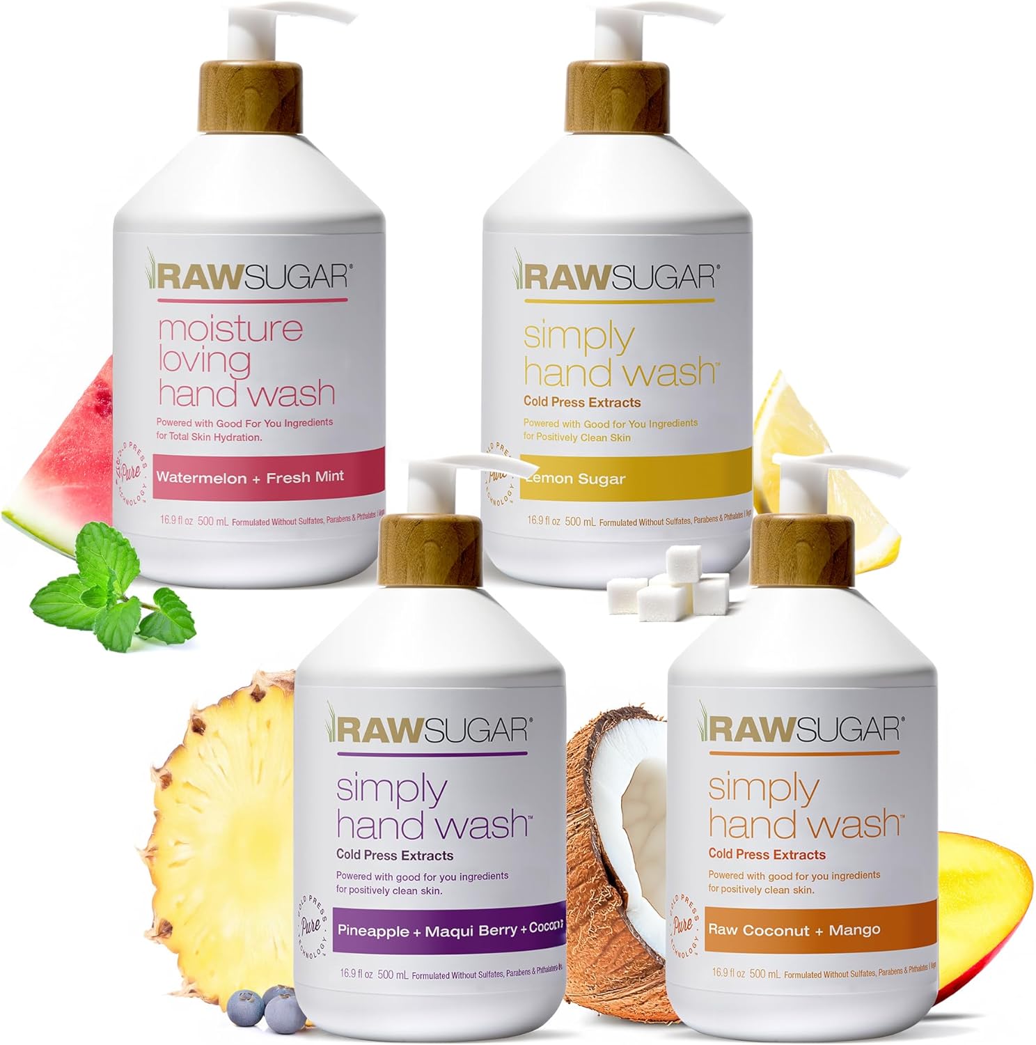 RAW SUGAR Hand Wash Variety Bundle - Lemon Sugar, Watermelon + Fresh Mint, Pineapple + Maqui Berry + Coconut & Raw Coconut + Mango, Formulated without Sulfates & Parabens (16.9 fl. oz, Pack of 4) - Image 1