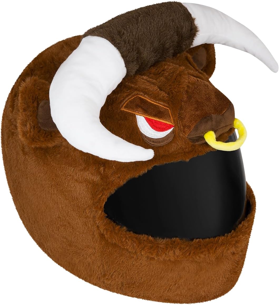 MotoLoot motorcycle helmet cover front view bull character design on a full face helmet
