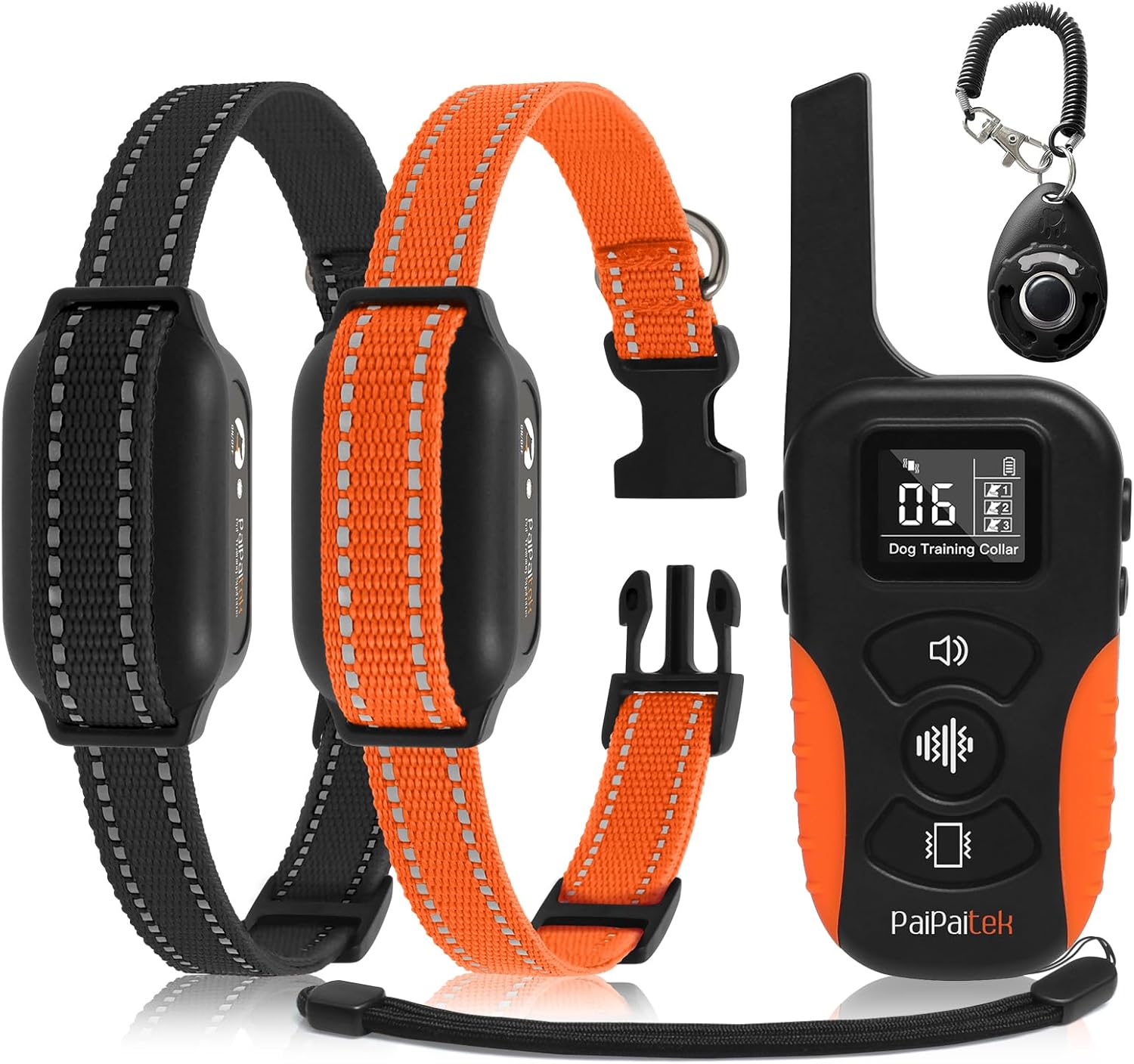 PaiPaitek dog vibration collar front view showing the remote control and two receiver collars for humane training.