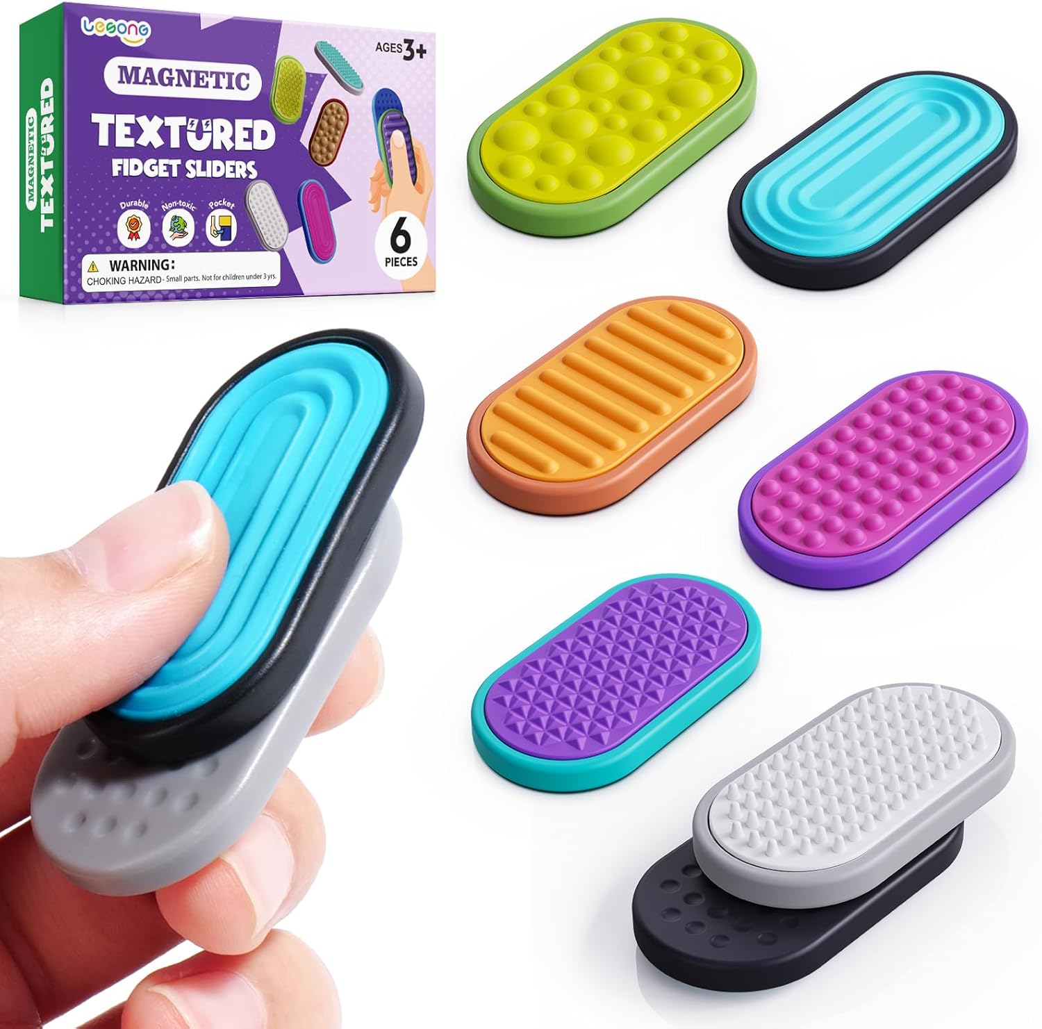 Lesong Magnetic Fidget Sliders six pieces front view showing colorful textured surfaces.
