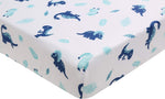 CribMATE dinosaur crib fitted sheet front view showcasing white and blue T-Rex design
