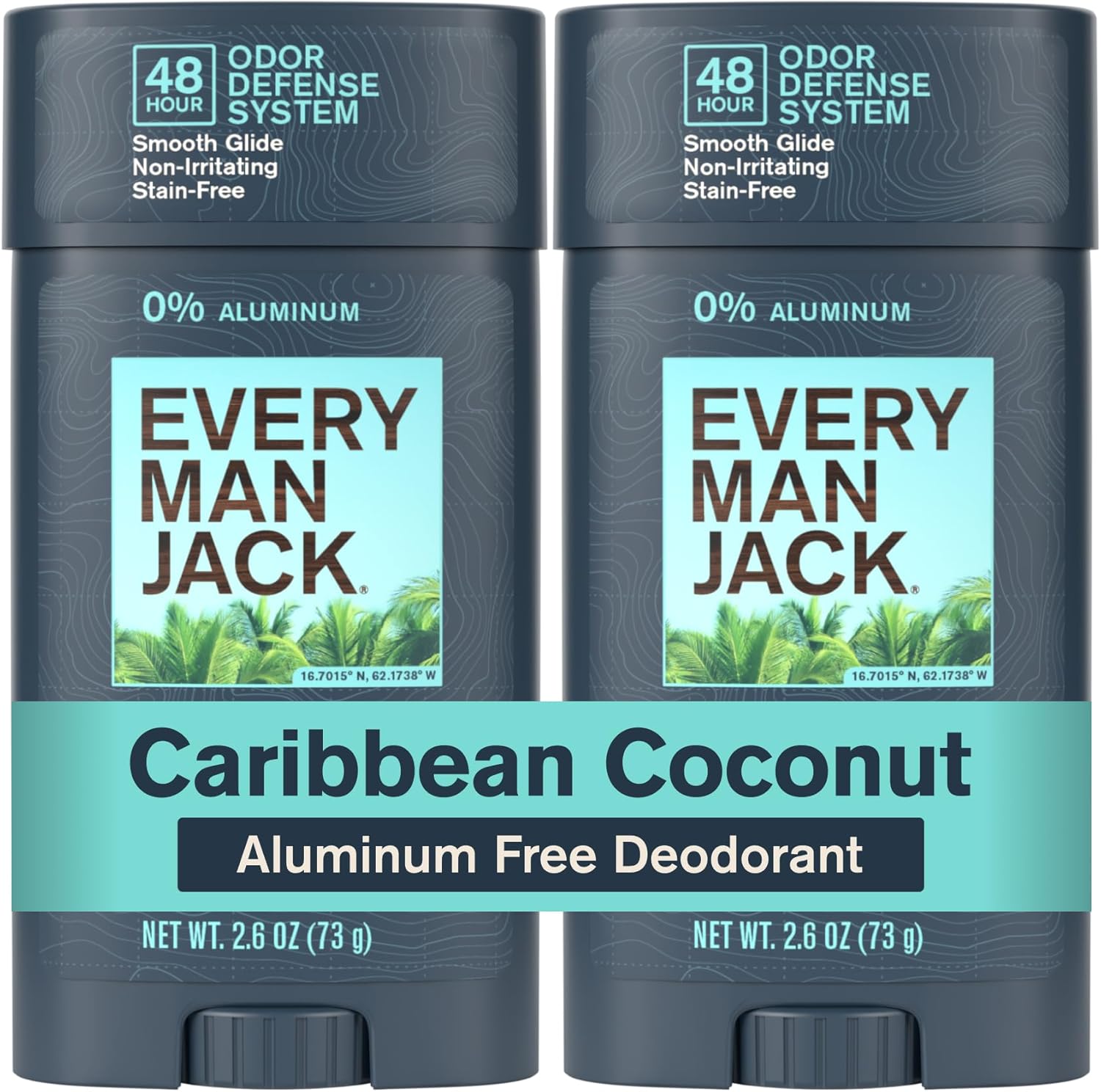 Every Man Jack Men's Deodorant Caribbean Coconut front view premium body care product.