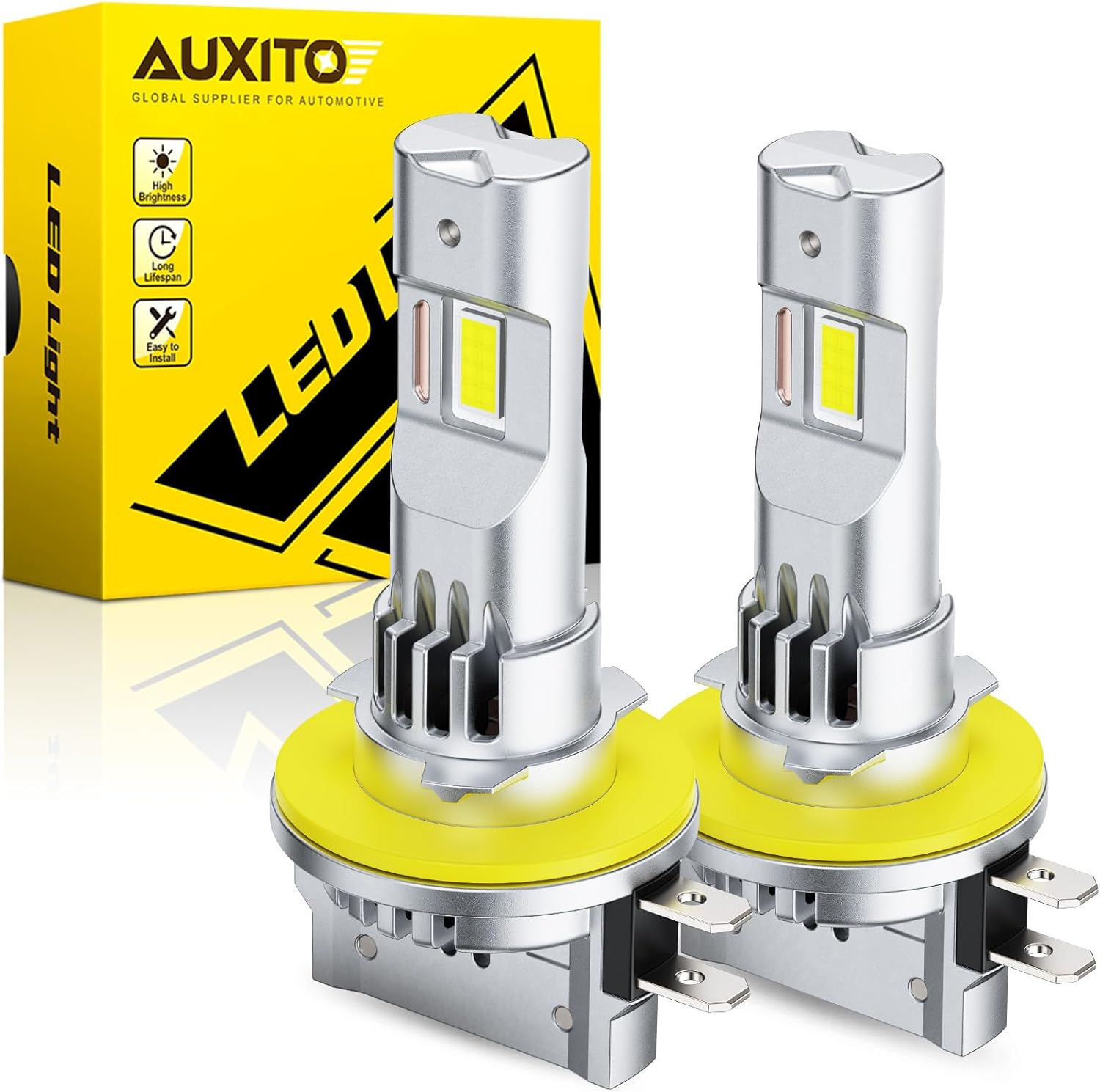 AUXITO H11B LED Headlight Bulbs front view showing the premium aviation aluminum body and integrated chip design