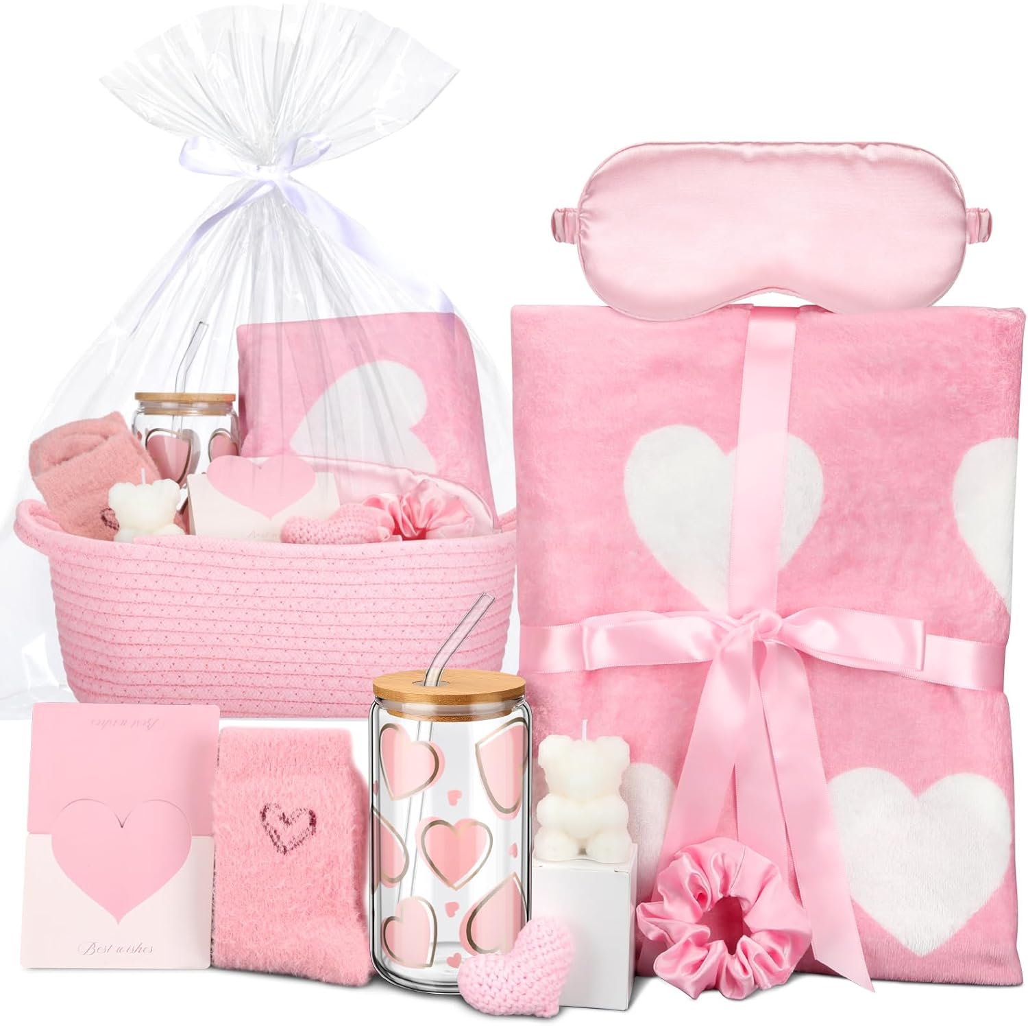 Skicuff 9 Piece Valentine's Day Gift Basket front view showing pink heart blanket and bear candle