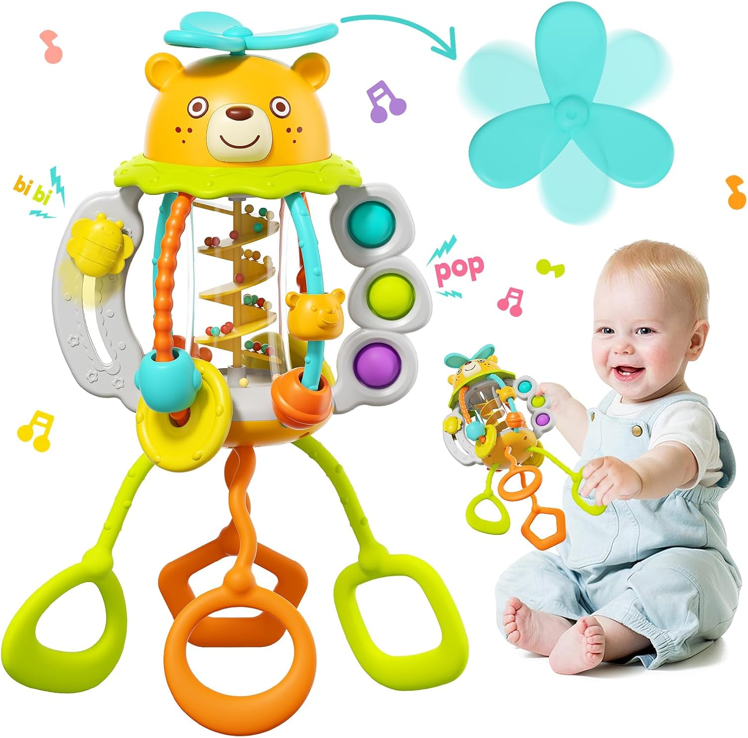 HOLA Montessori Shake and Pull Busy Ball toy front view showing silicone strings and teething rings.