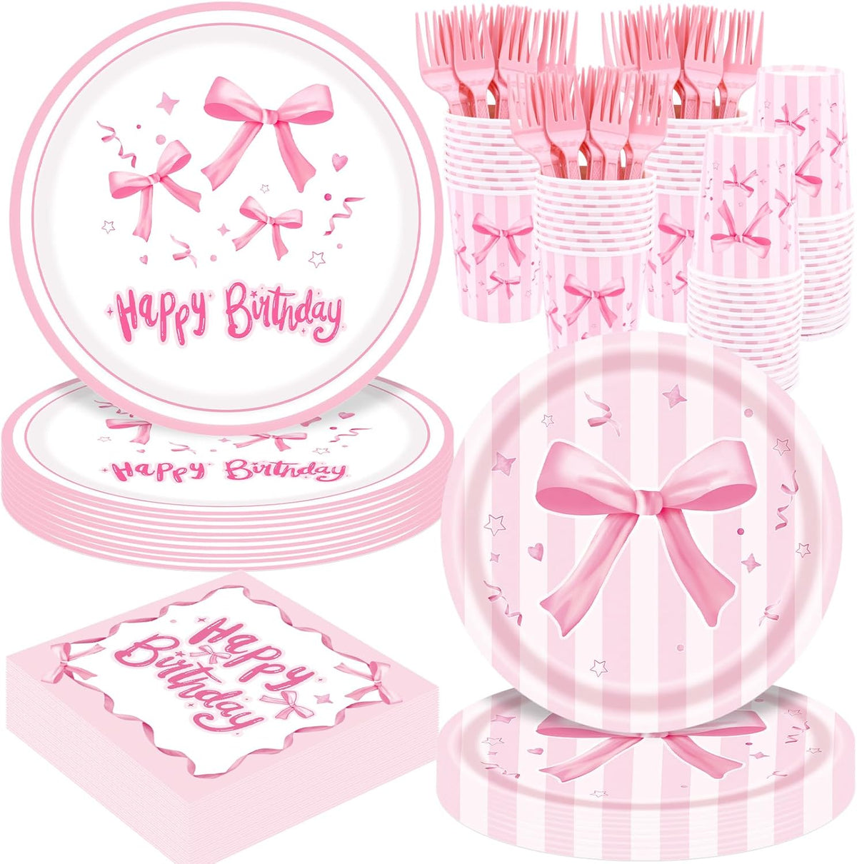 Redword Pink Bow birthday party supplies set front view