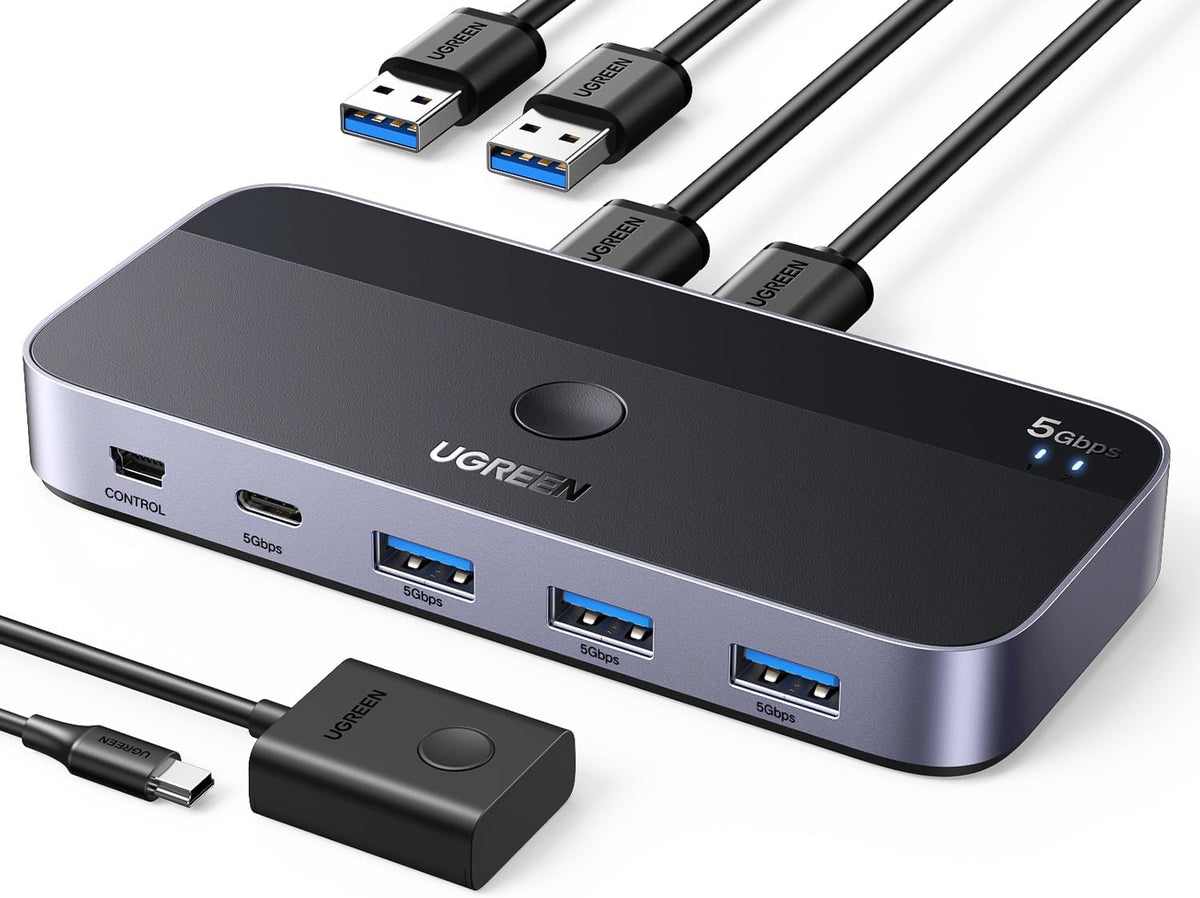 UGREEN USB 3.0 Switch 2 Computers Sharing USB C & A Devices, 4 Port USB Switcher Sharing Keyboard and Mouse, Printer/Scanner USB Switch Hub for Two Computers with 2 USB3.0 Cables and Controller - Image 1