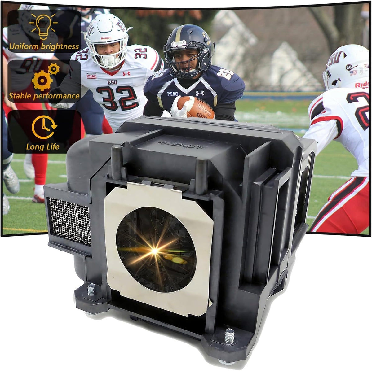 Supermait Epson ELPLP88 replacement projector lamp front view highlighting black housing casing
