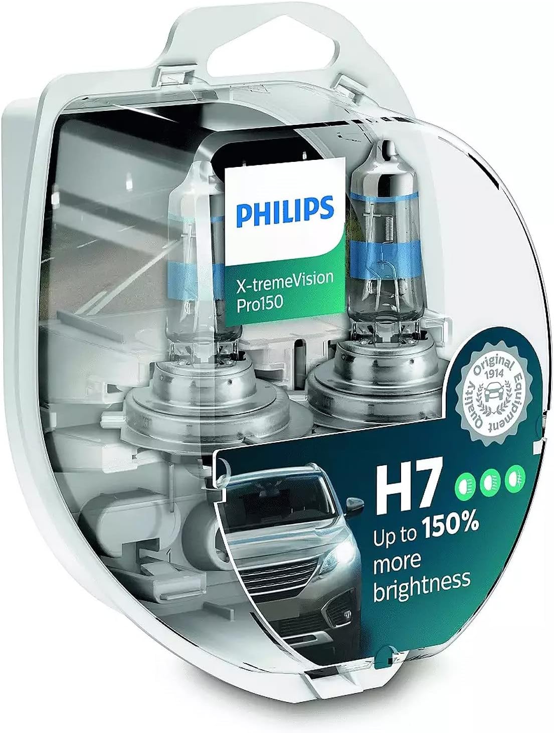 Philips X-tremeVision Pro150 H7 Halogen Headlight Bulb twin box packaging front view showing authentic upgrade bulbs.