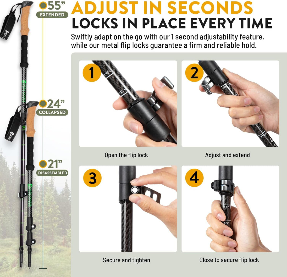Hiker holding ultralight carbon fiber trekking poles on trail