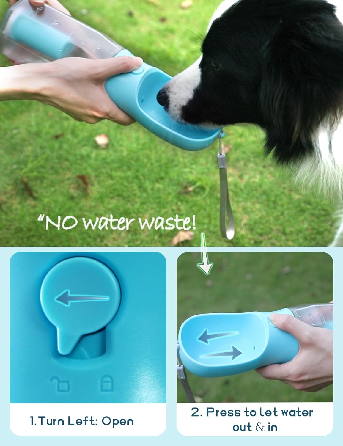Blue portable dog water bottle with integrated treat container