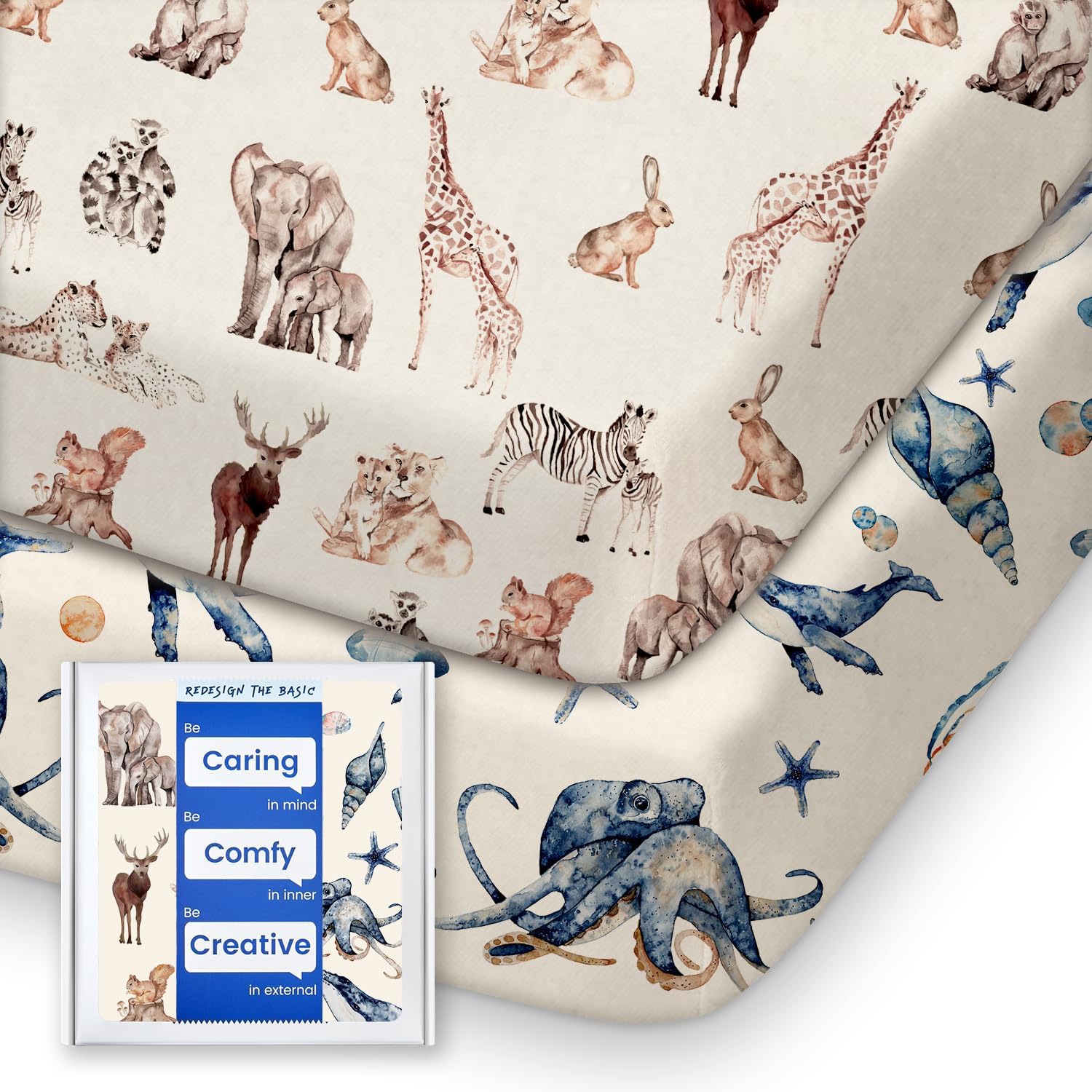 TotBasic Pack and Play fitted sheets safari sea animals front view
