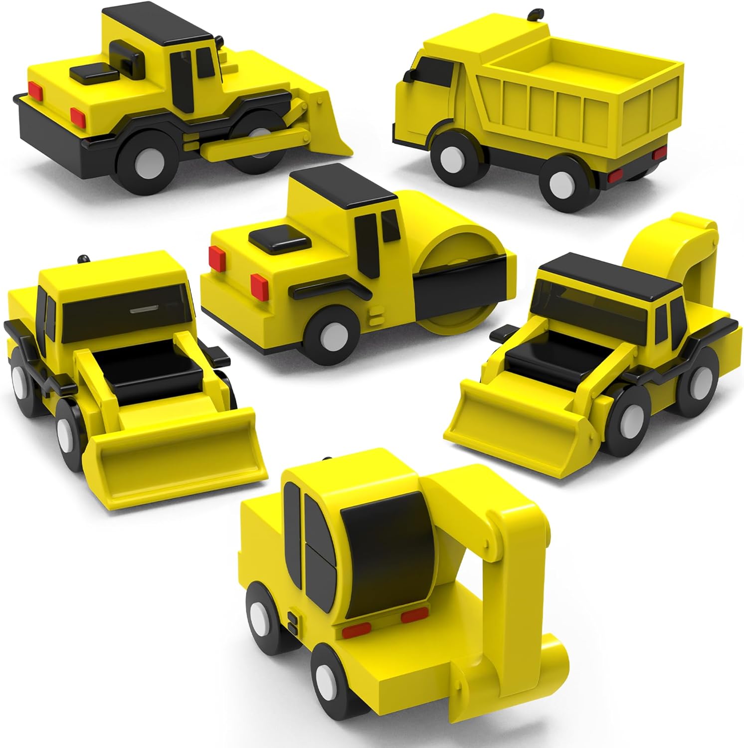 Tub Works Construction Trucks Mold Free Bath Toys front view of six yellow vehicles