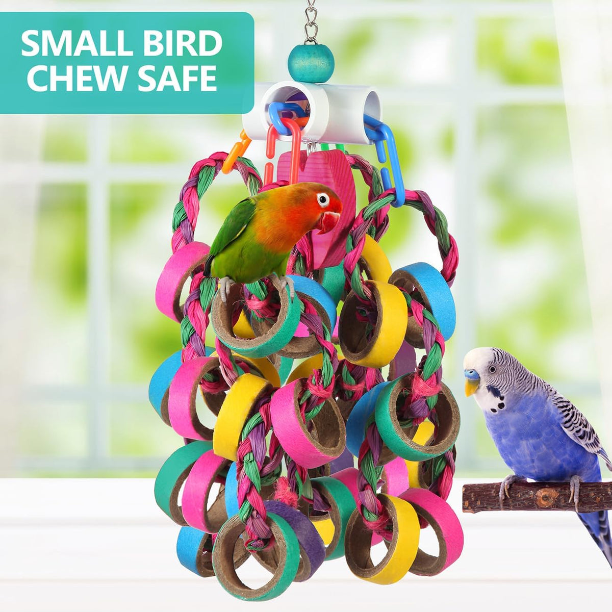 Small parrot interactive chewing accessory hanging view.