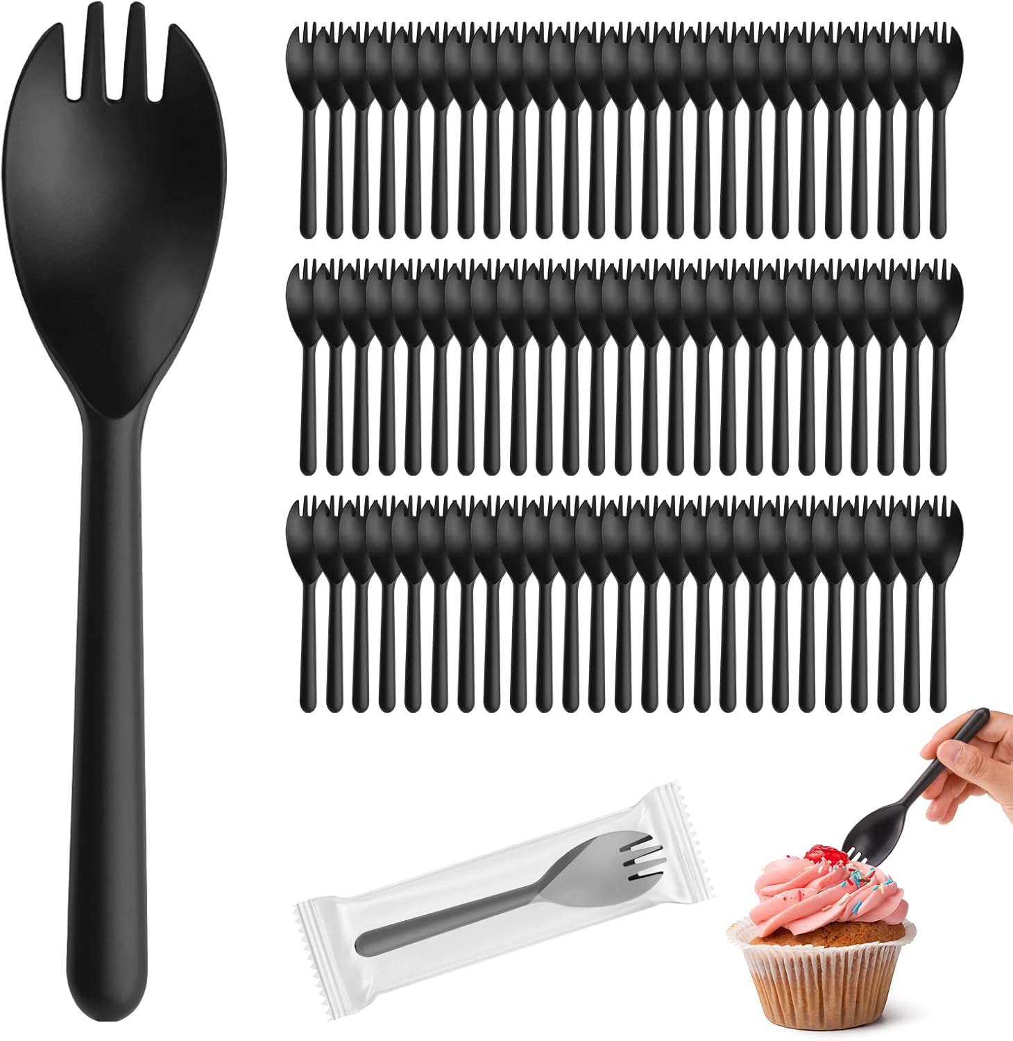 Cofimkate medium black plastic sporks front view pack of 100