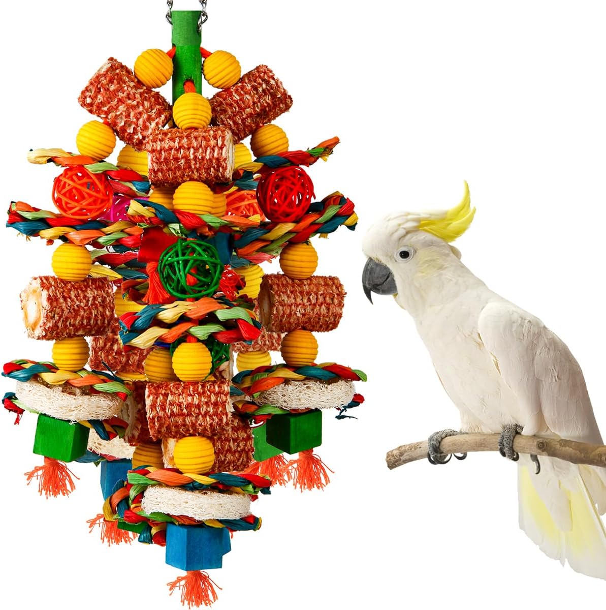 YIXUND natural corn cob and loofah slices bird chew toy front view hanging inside a cage.