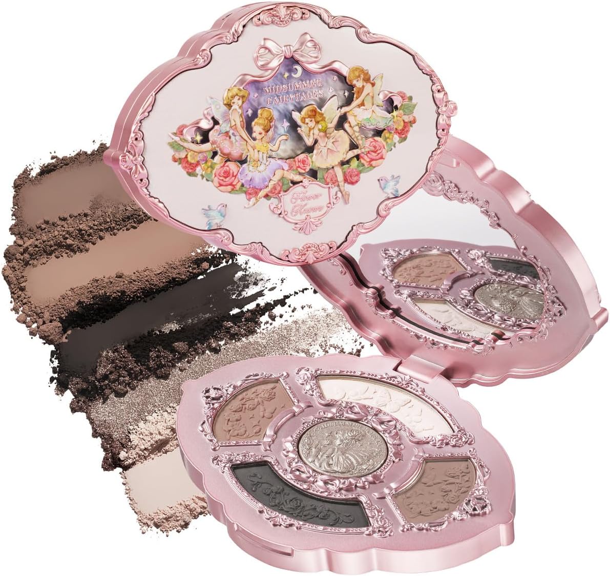 Flower Knows Midsummer Fairytales Embossed Five Color Makeup Palette front view featuring pink electroplating