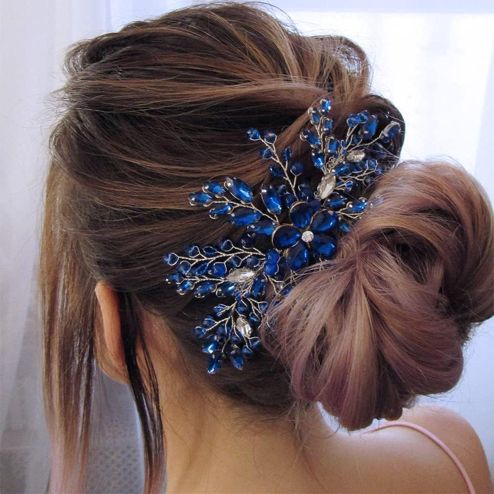 Aimimier bridal royal blue crystal hair comb front view sapphire hair accessory