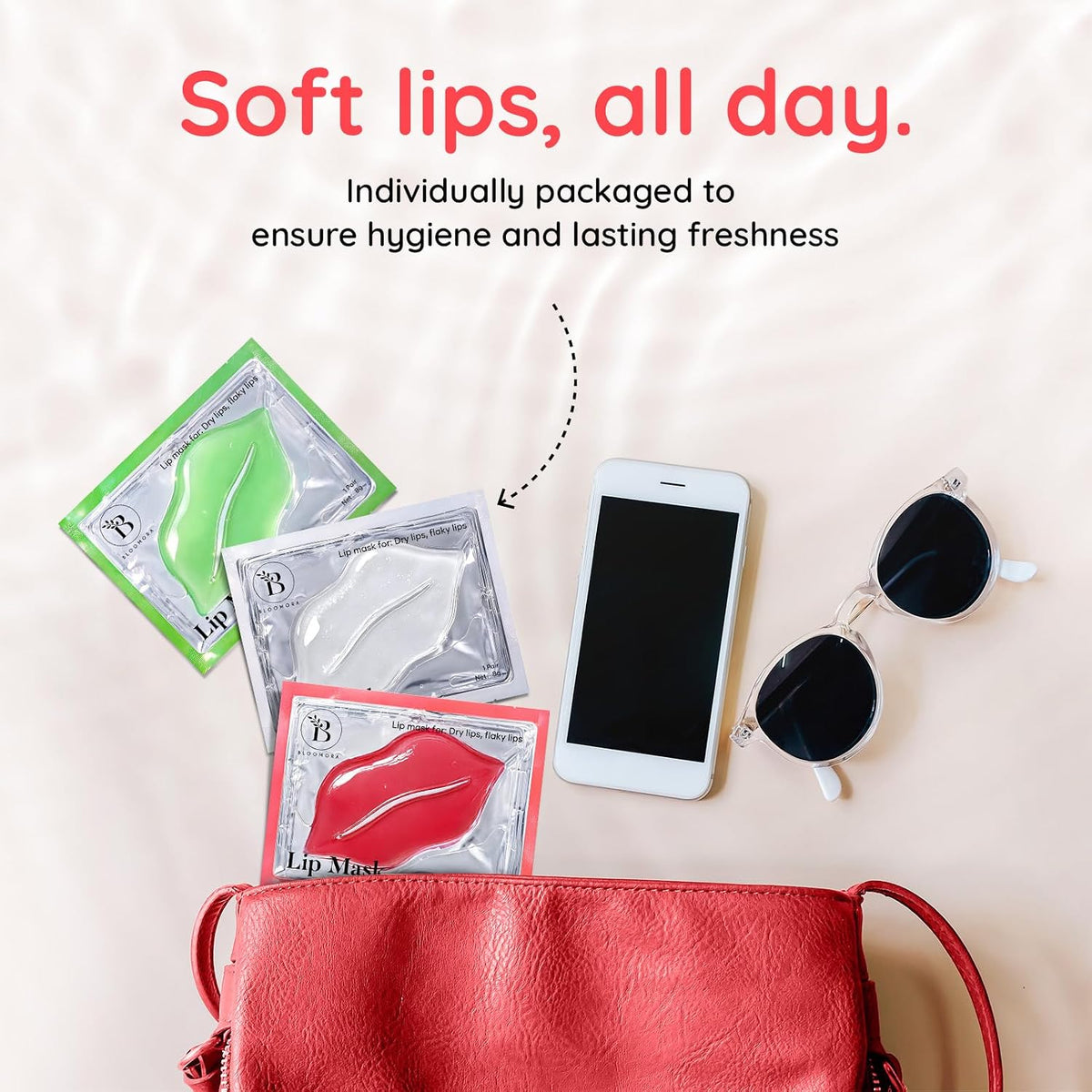 Model demonstrating the application of Bloomora anti-wrinkle lip mask for daily spa care.