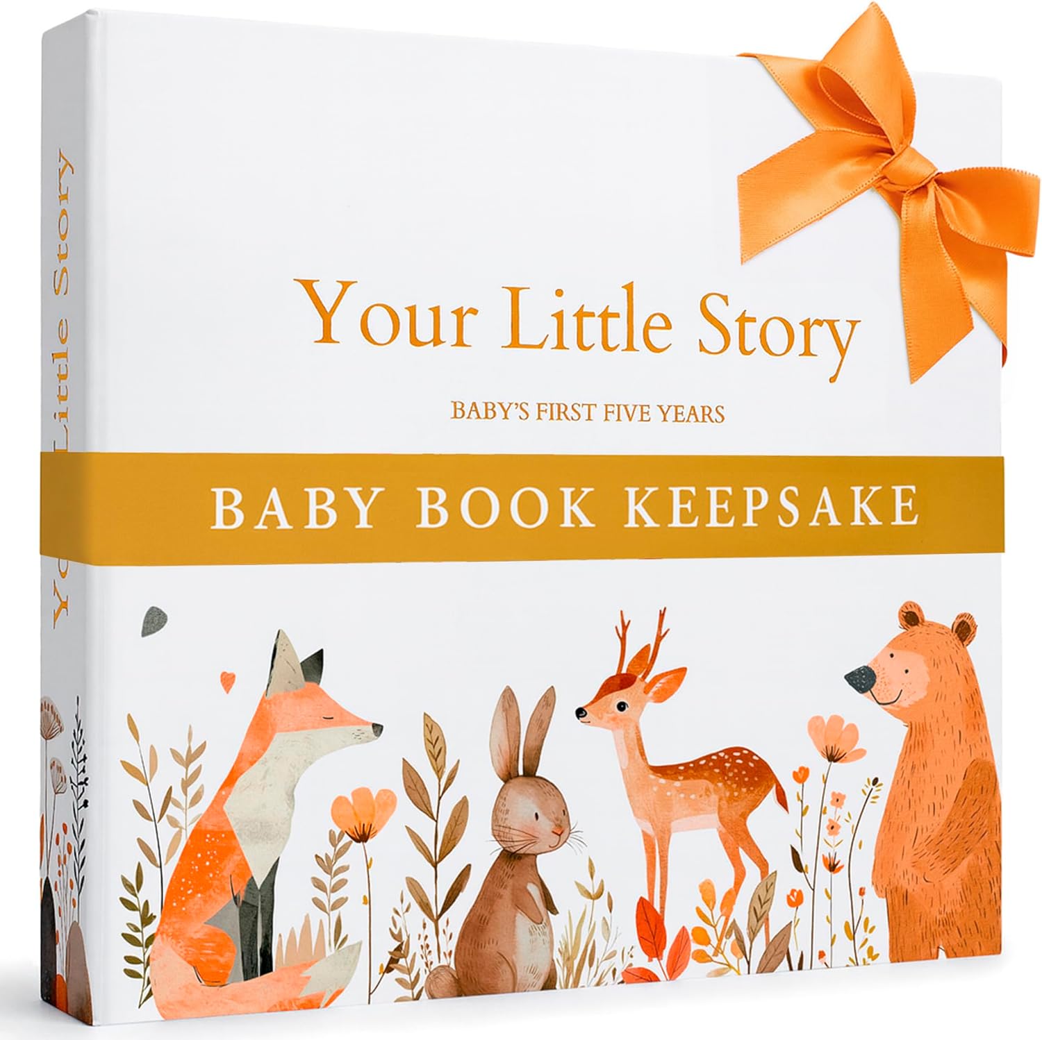 Let The Adventure Begin baby book keepsake front view showing the premium hardcover with woodland animal theme