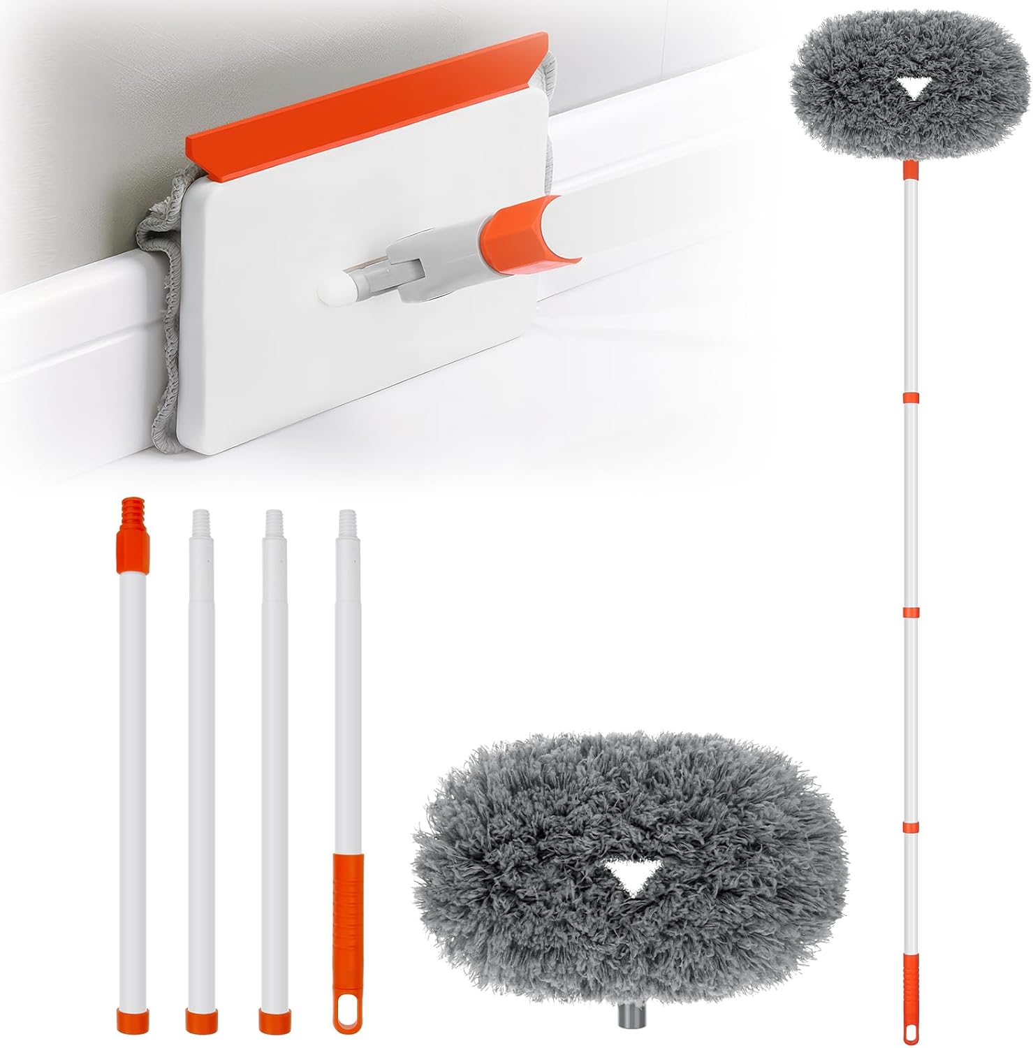 Qaestfy baseboard cleaner tool front view highlighting the extendable long handle duster.