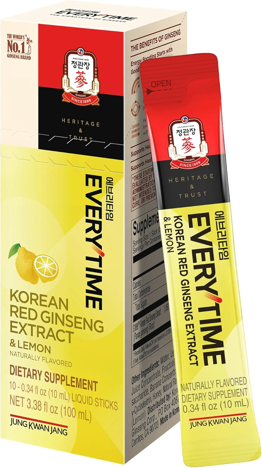 Jung Kwan Jang Everytime Korean Red Ginseng Extract and Lemon 10 stick box front view for natural energy support.