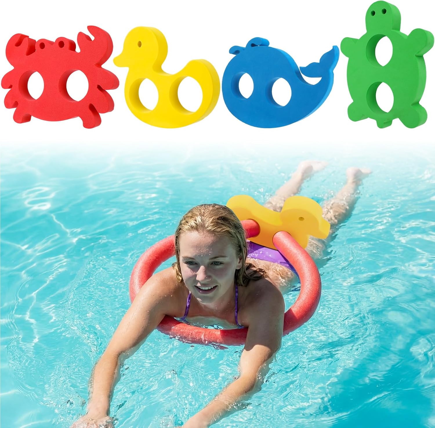 Soulchen EVA pool noodle floating connectors four pack front view showing animal shapes