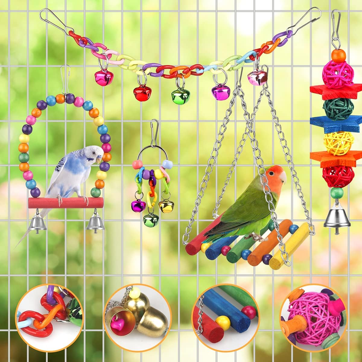 YIXUND avian playground showing the colorful hammock bridge suspended with sturdy metal attachment hooks