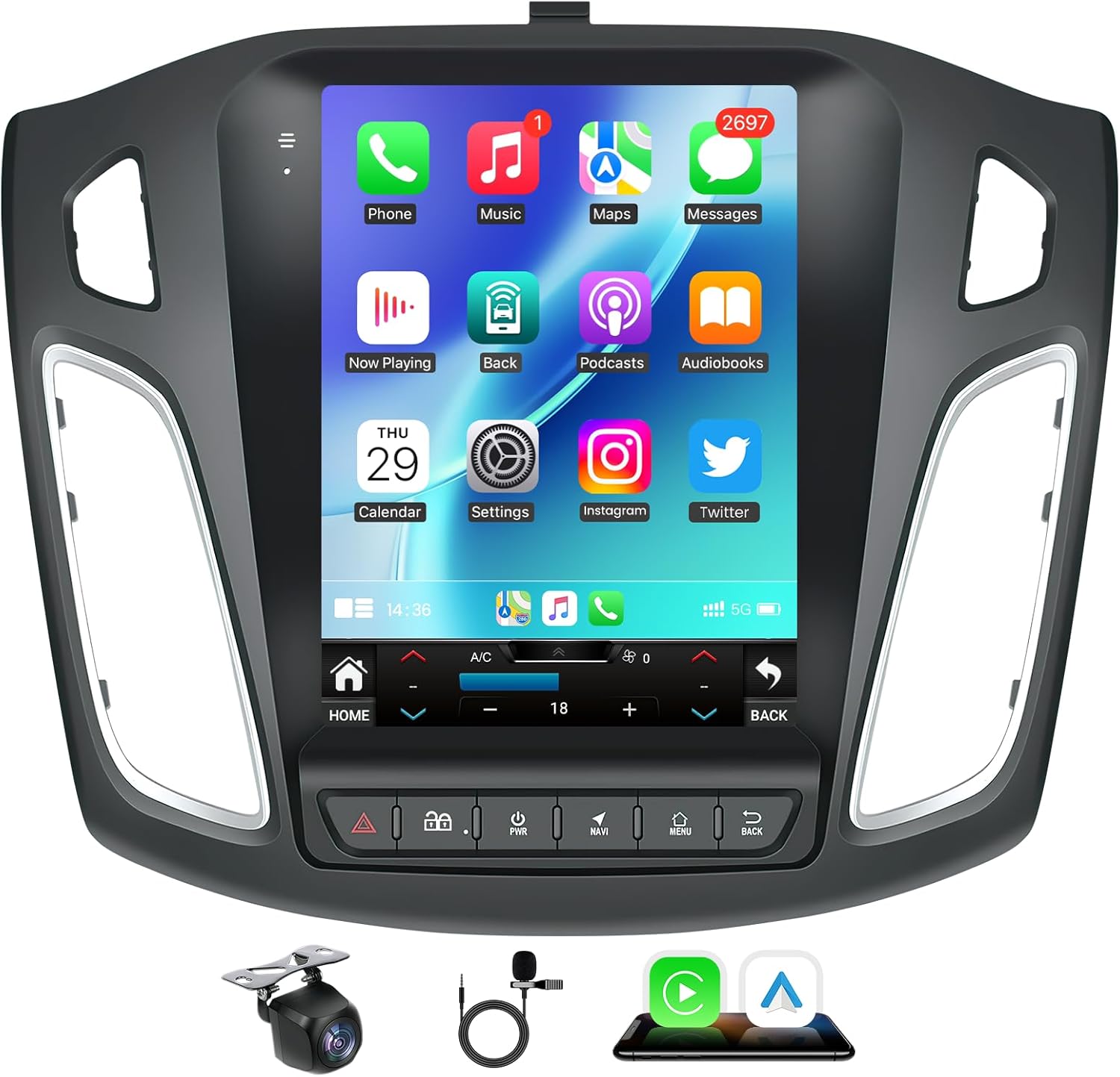 Jerqry Ford Focus touchscreen car radio front view displaying main navigation interface